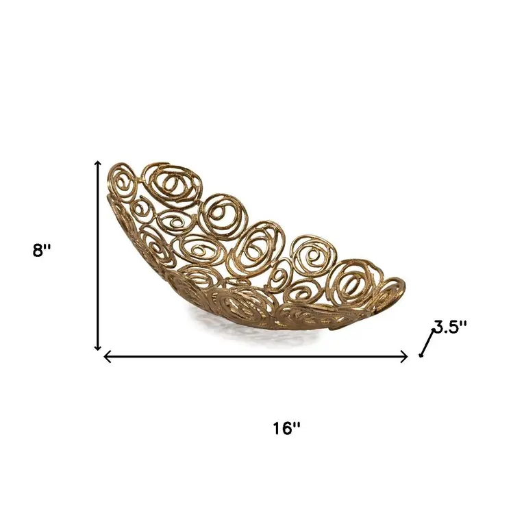 16" Gold Aluminum Abstract Circles Oval Decorative Bowl