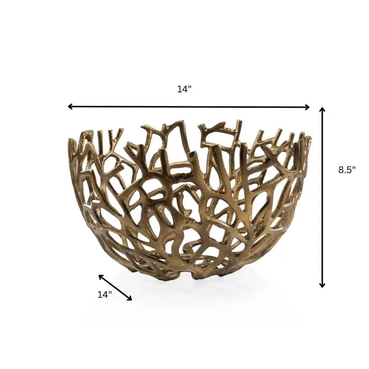 14" Gold Aluminum Coral Decorative Round Bowl