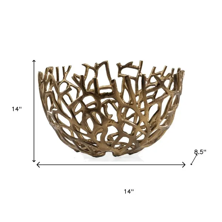 14" Gold Aluminum Coral Decorative Round Bowl