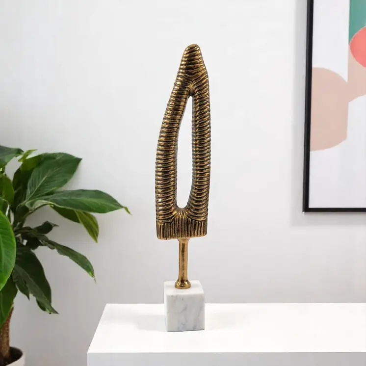 21" Antiqued Gold And White Aluminum And Marble Tabletop Sculpture