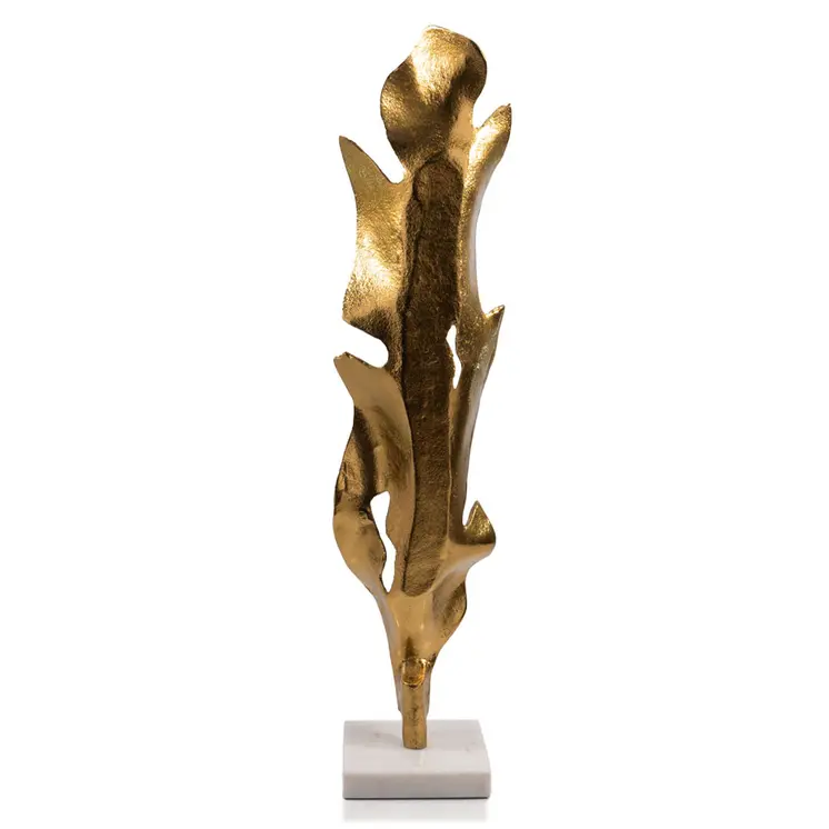 26" Antiqued Gold And White Aluminum And Marble Leaf Tabletop Sculpture