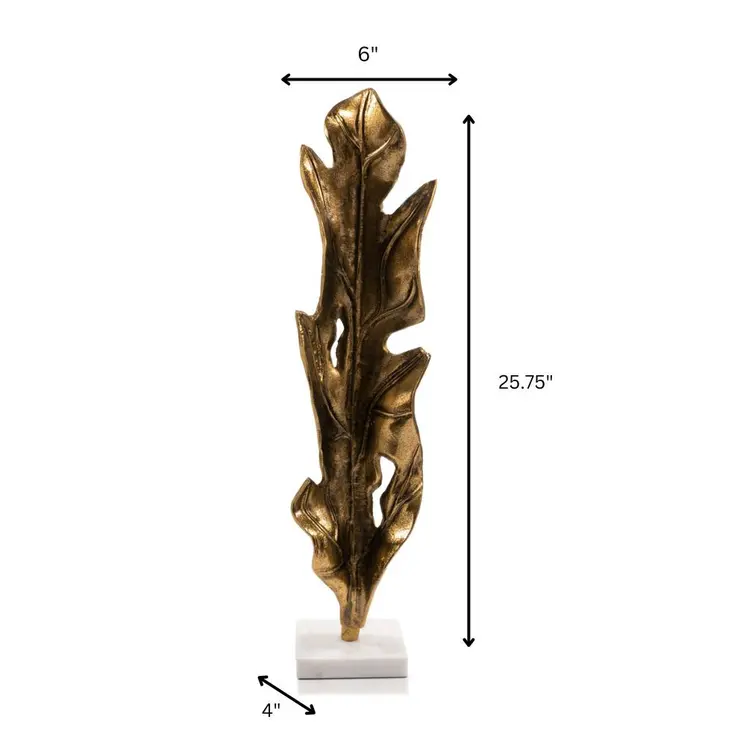 26" Antiqued Gold And White Aluminum And Marble Leaf Tabletop Sculpture