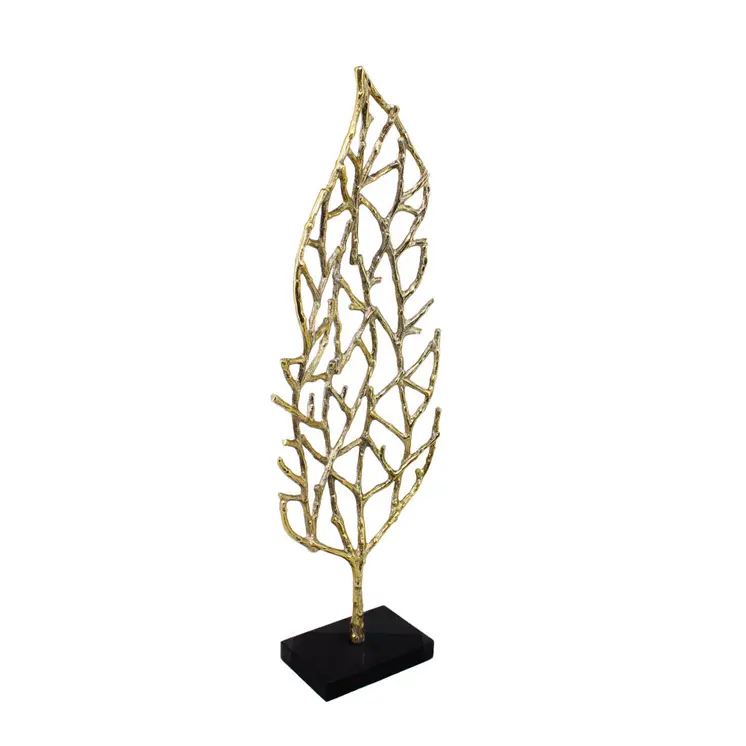 26" Gold And Black Aluminum And Marble Leaf Tabletop Sculpture