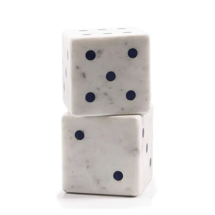 Set of Two White Marble Hand Painted Dice Tabletop Sculpture