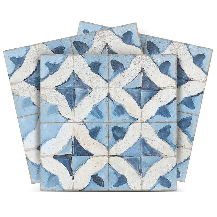 7" x 7" Blue Vinyl Arabesque Peel And Stick Removable Tiles