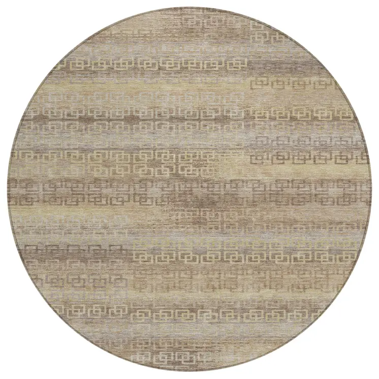 8' Beige And Wheat Round Striped Washable Indoor Outdoor Area Rug
