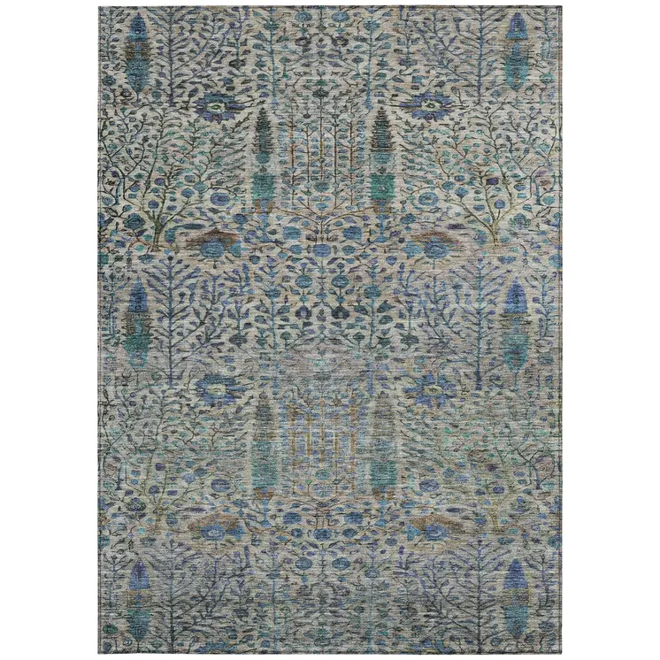 5' X 8' Brown And Teal Blue Floral Washable Indoor Outdoor Area Rug