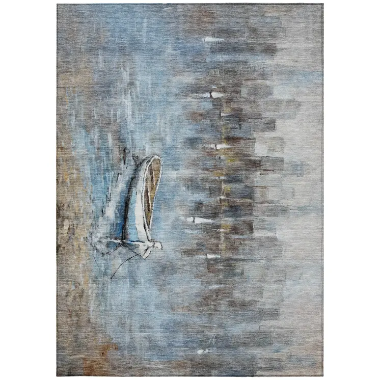 3' X 5' Blue And Beige Nautical Washable Indoor Outdoor Area Rug