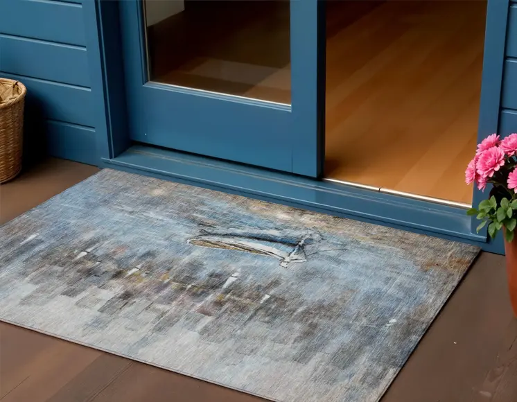 3' X 5' Blue And Beige Nautical Washable Indoor Outdoor Area Rug
