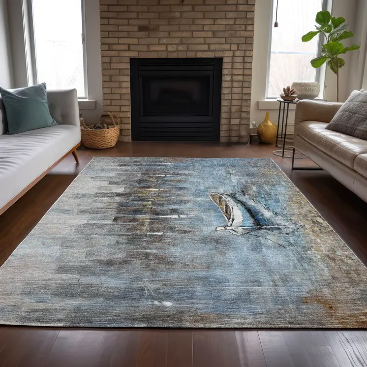 5' X 8' Blue And Beige Nautical Washable Indoor Outdoor Area Rug