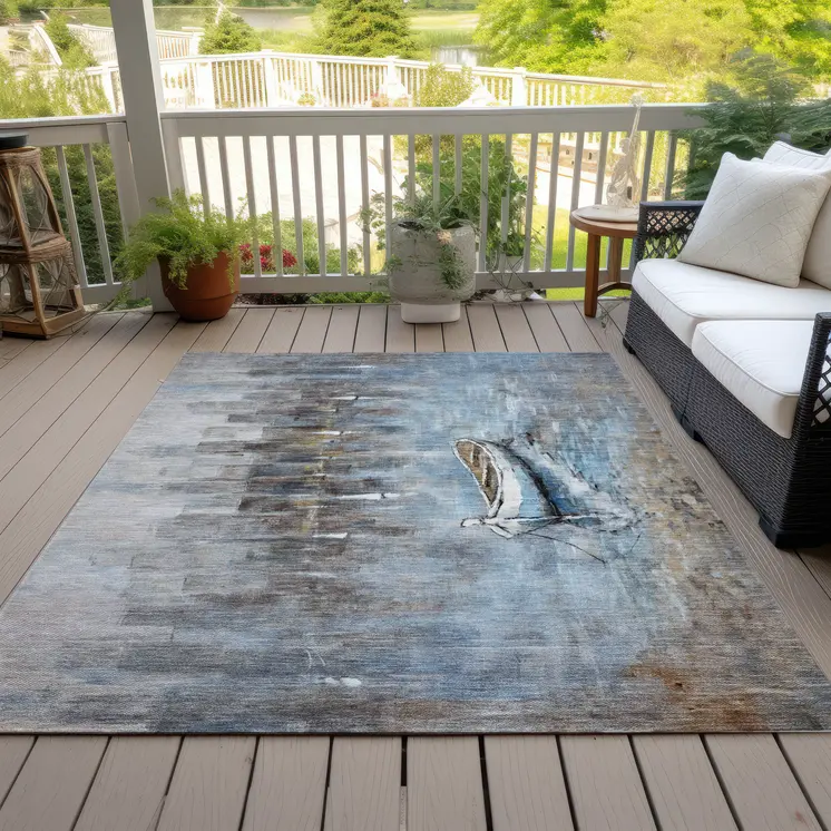 5' X 8' Blue And Beige Nautical Washable Indoor Outdoor Area Rug