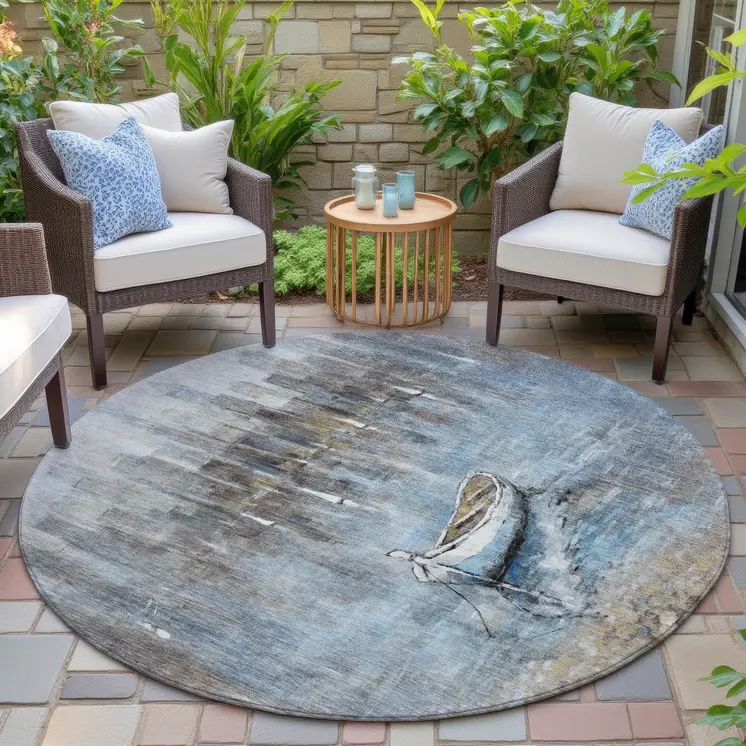 8' Blue And Beige Round Nautical Washable Indoor Outdoor Area Rug