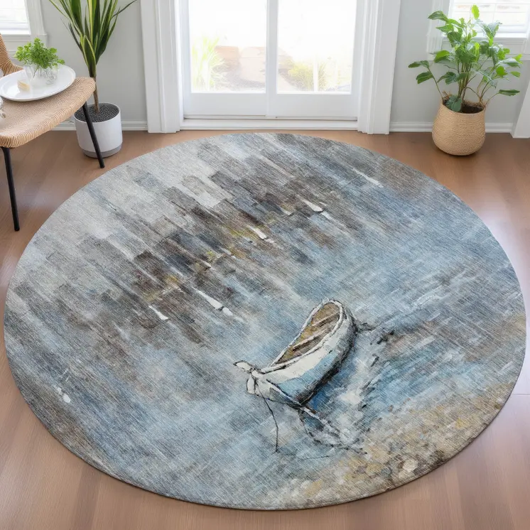 8' Blue And Beige Round Nautical Washable Indoor Outdoor Area Rug