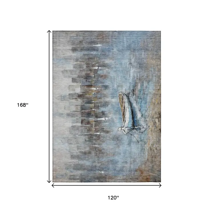 10' X 14' Blue And Beige Nautical Washable Indoor Outdoor Area Rug