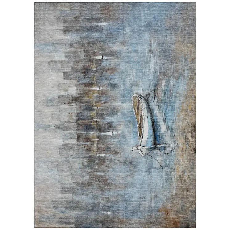 10' X 14' Blue And Beige Nautical Washable Indoor Outdoor Area Rug