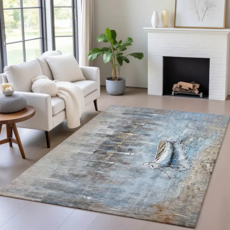 10' X 14' Blue And Beige Nautical Washable Indoor Outdoor Area Rug