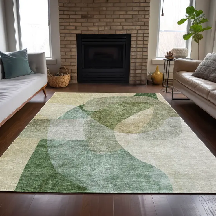 3' X 5' Artichoke Green And Taupe Abstract Washable Indoor Outdoor Area Rug