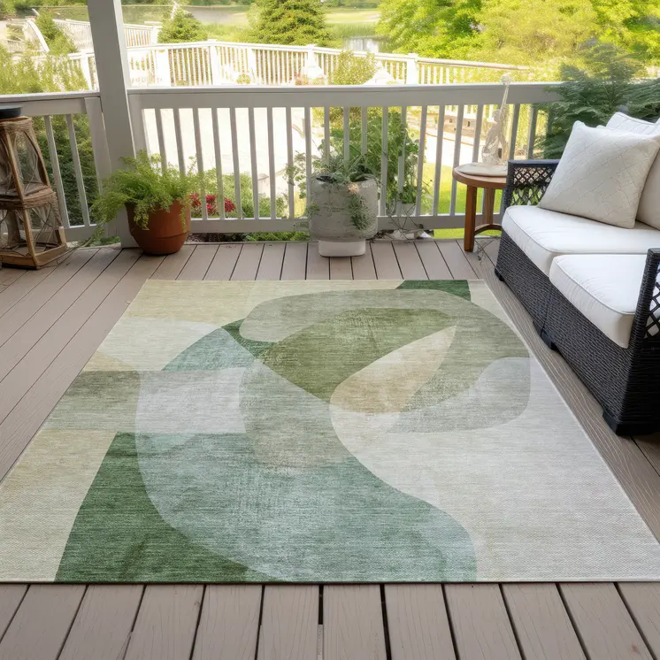 3' X 5' Artichoke Green And Taupe Abstract Washable Indoor Outdoor Area Rug