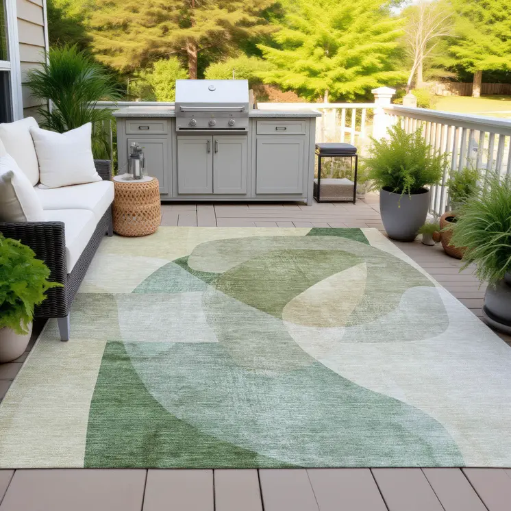 5' X 8' Artichoke Green And Taupe Abstract Washable Indoor Outdoor Area Rug
