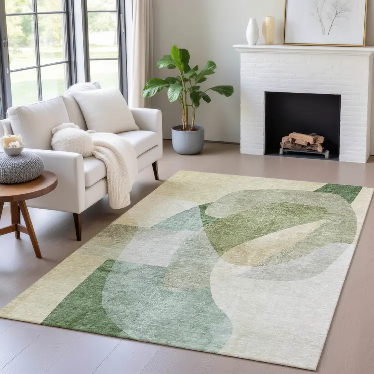 5' X 8' Artichoke Green And Taupe Abstract Washable Indoor Outdoor Area Rug