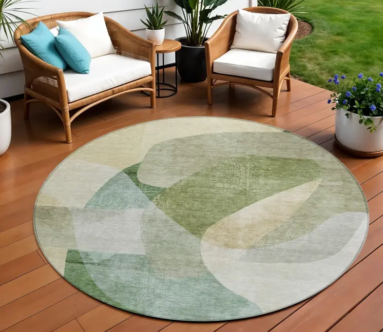 8' Artichoke Green And Taupe Round Abstract Washable Indoor Outdoor Area Rug