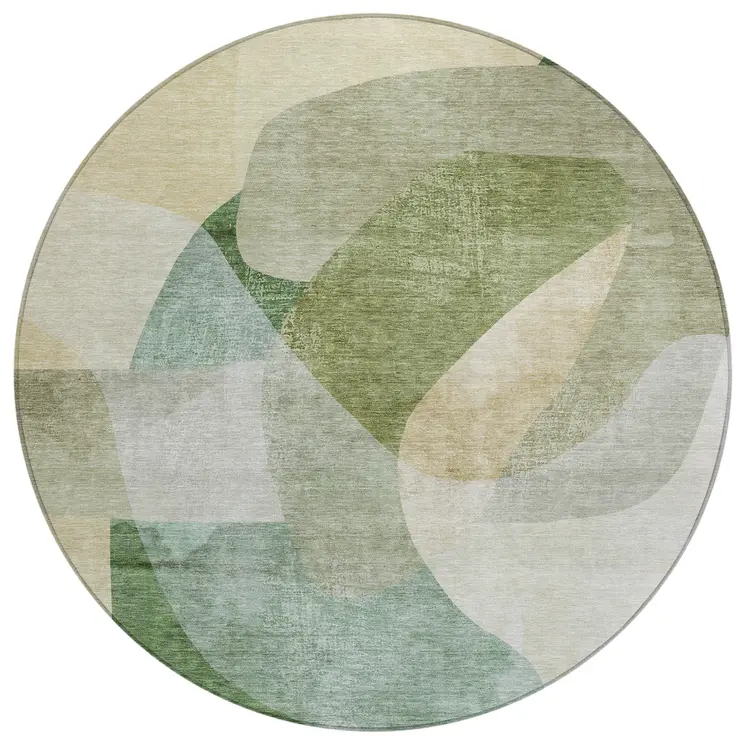 8' Artichoke Green And Taupe Round Abstract Washable Indoor Outdoor Area Rug