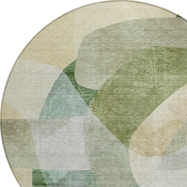 8' Artichoke Green And Taupe Round Abstract Washable Indoor Outdoor Area Rug