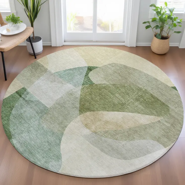 8' Artichoke Green And Taupe Round Abstract Washable Indoor Outdoor Area Rug