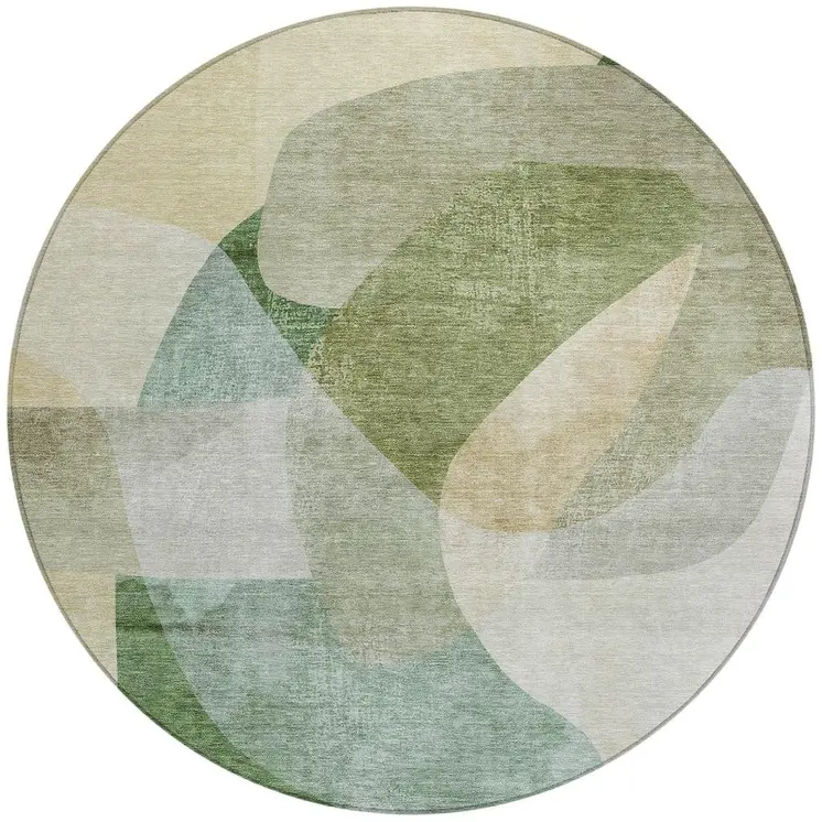 8' Artichoke Green And Taupe Round Abstract Washable Indoor Outdoor Area Rug