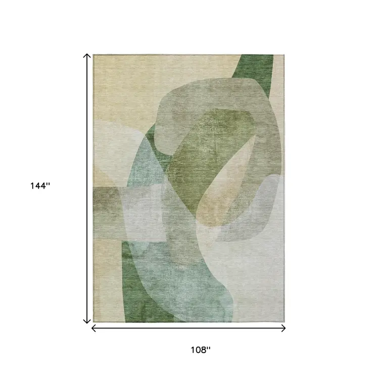 9' X 12' Artichoke Green And Taupe Abstract Washable Indoor Outdoor Area Rug