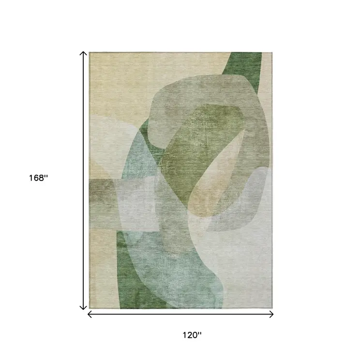 10' X 14' Artichoke Green And Taupe Abstract Washable Indoor Outdoor Area Rug