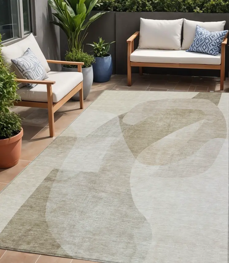 5' X 8' Beige And Taupe Abstract Washable Indoor Outdoor Area Rug