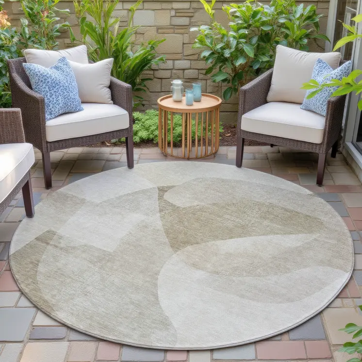 8' Beige And Taupe Round Abstract Washable Indoor Outdoor Area Rug