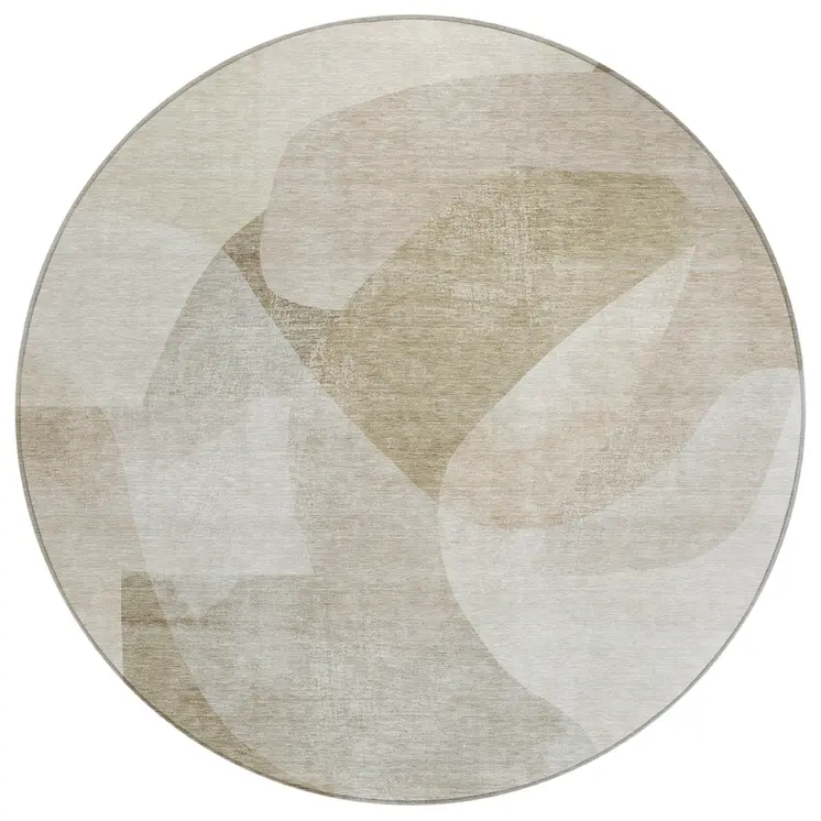 8' Beige And Taupe Round Abstract Washable Indoor Outdoor Area Rug