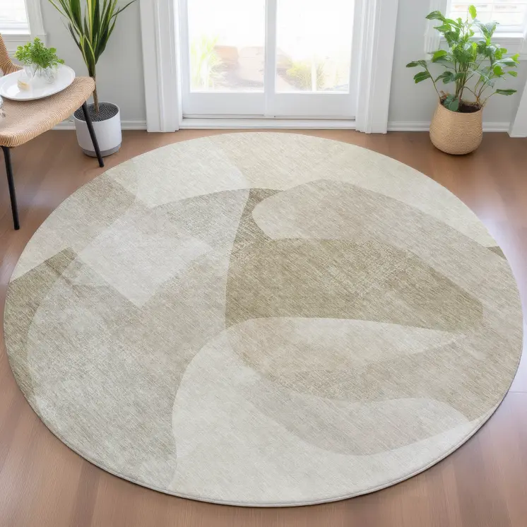 8' Beige And Taupe Round Abstract Washable Indoor Outdoor Area Rug