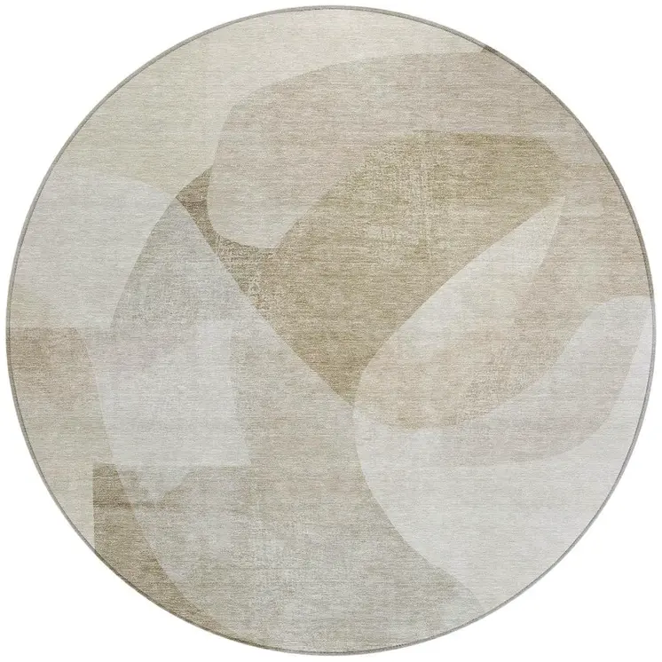 8' Beige And Taupe Round Abstract Washable Indoor Outdoor Area Rug
