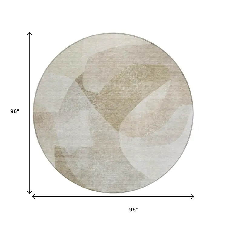 8' Beige And Taupe Round Abstract Washable Indoor Outdoor Area Rug