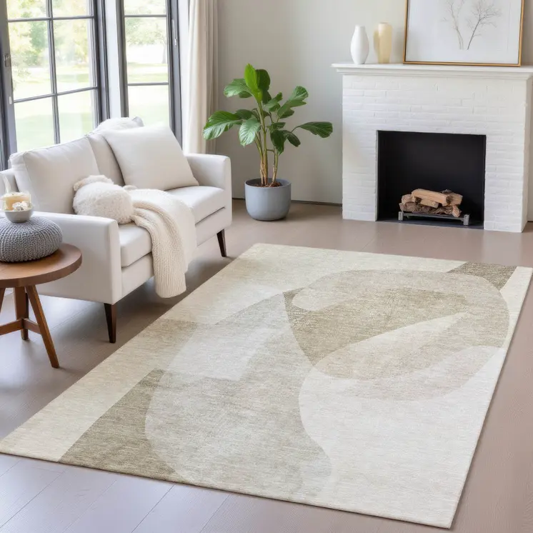 8' X 10' Beige And Taupe Abstract Washable Indoor Outdoor Area Rug