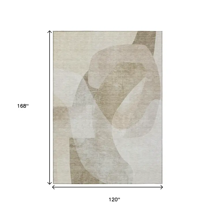 10' X 14' Beige And Taupe Abstract Washable Indoor Outdoor Area Rug