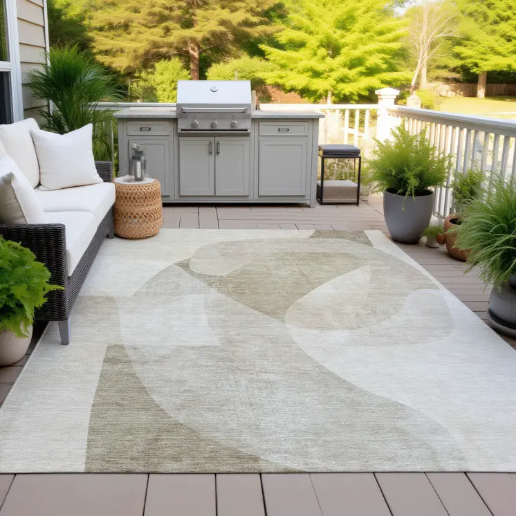 10' X 14' Beige And Taupe Abstract Washable Indoor Outdoor Area Rug