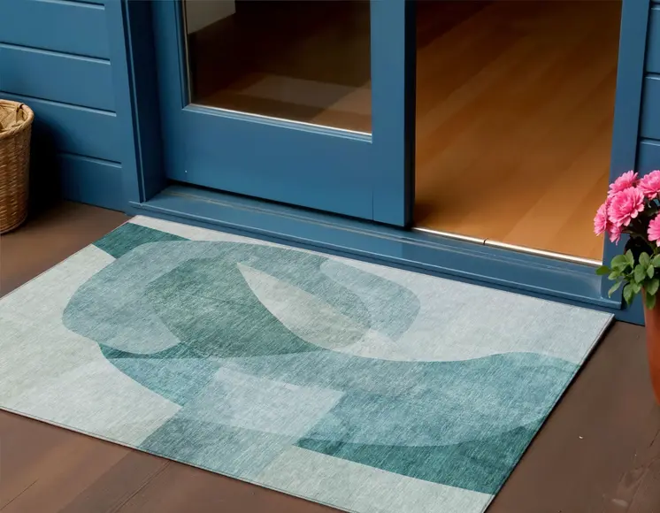 3' X 5' Teal Blue And Ivory Abstract Washable Indoor Outdoor Area Rug