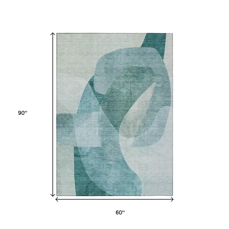 5' X 8' Teal Blue And Ivory Abstract Washable Indoor Outdoor Area Rug