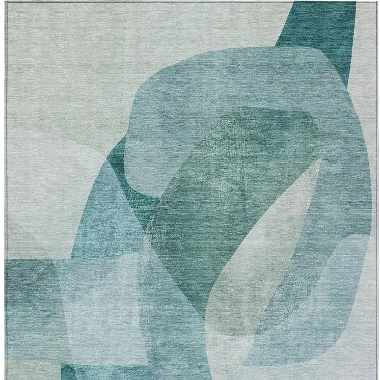 5' X 8' Teal Blue And Ivory Abstract Washable Indoor Outdoor Area Rug