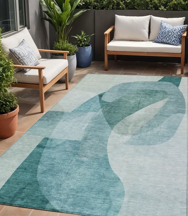 5' X 8' Teal Blue And Ivory Abstract Washable Indoor Outdoor Area Rug
