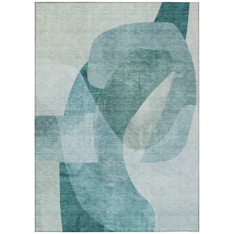 5' X 8' Teal Blue And Ivory Abstract Washable Indoor Outdoor Area Rug