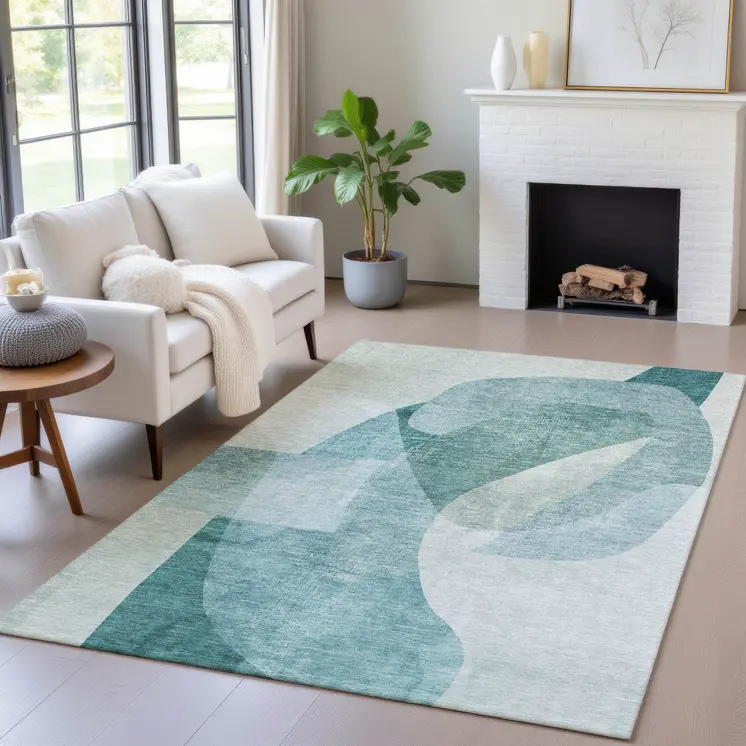 5' X 8' Teal Blue And Ivory Abstract Washable Indoor Outdoor Area Rug