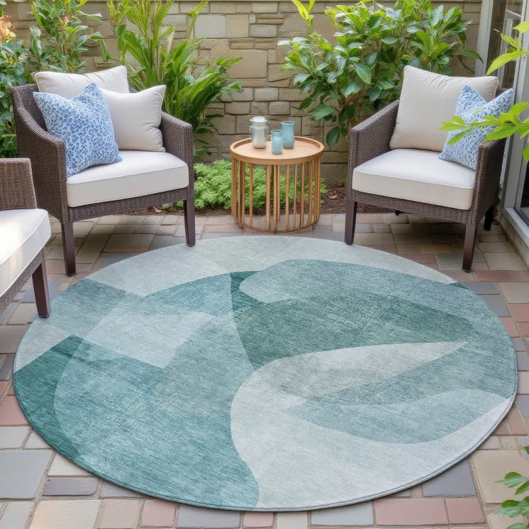 8' Teal Blue And Ivory Round Abstract Washable Indoor Outdoor Area Rug