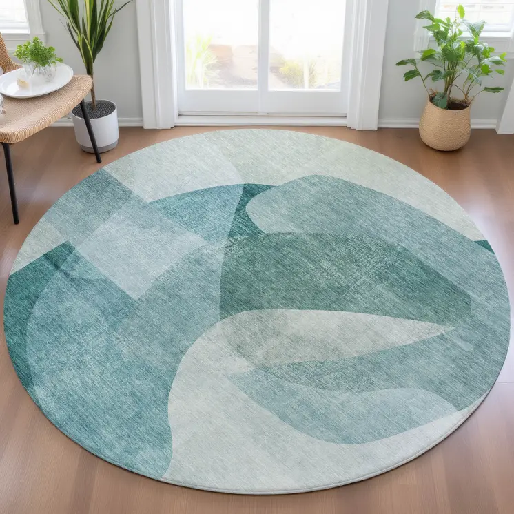 8' Teal Blue And Ivory Round Abstract Washable Indoor Outdoor Area Rug