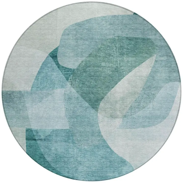 8' Teal Blue And Ivory Round Abstract Washable Indoor Outdoor Area Rug