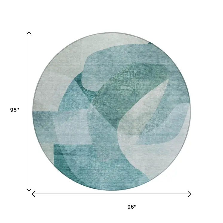 8' Teal Blue And Ivory Round Abstract Washable Indoor Outdoor Area Rug